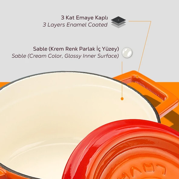 Lava Döküm Yuvarlak Sos Tenceresi Döküm Demir Yekpare Saplı Edition Serisi Çap(Ø16cm.  Turuncu - Resim 6