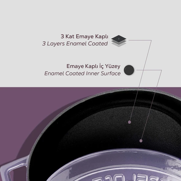 Lava Döküm Yuvarlak Tencere. Folk Çap(Ø)24cm.  Mor - Resim 6