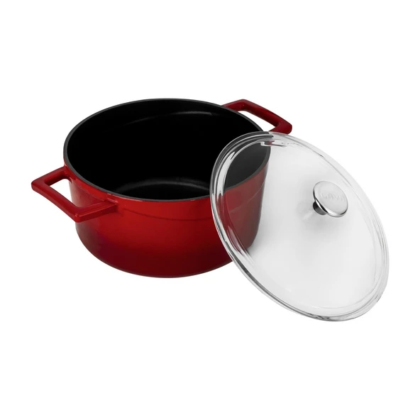 Lava Döküm Yuvarlak Tencere Cam kapaklı. Glaze Çap(Ø)20cm.  Kırmızı - Resim 2