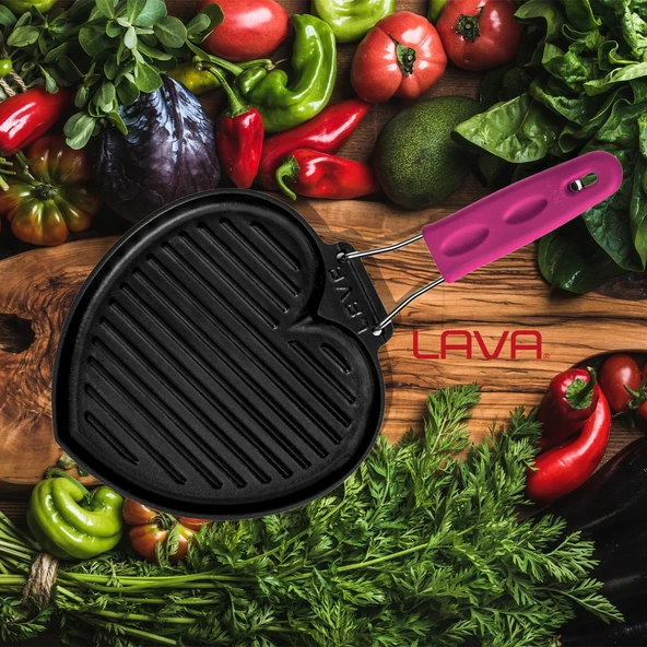 Lava Döküm Sığ Izgara Tavası Love Serisi Silikon Tel Saplı Ölçü 22x23cm.  Pembe - Resim 8