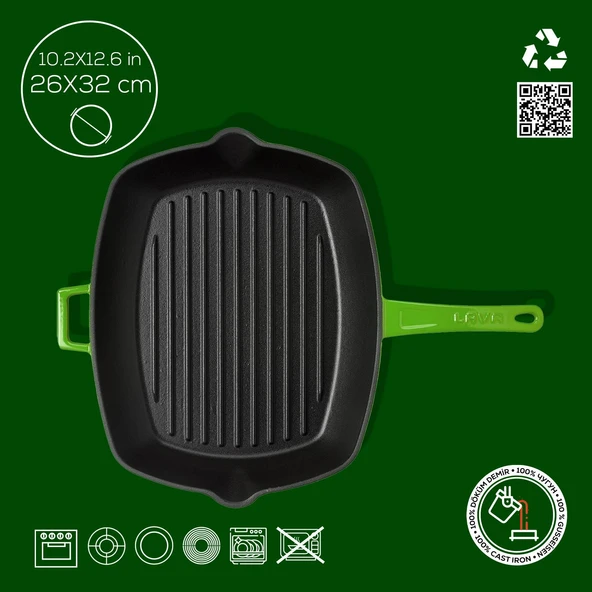 Lava Döküm Dikdörtgen Izgara Tava Döküm Demir Yekpare Saplı Ölçü 26x32cm.  Yeşil - Resim 4