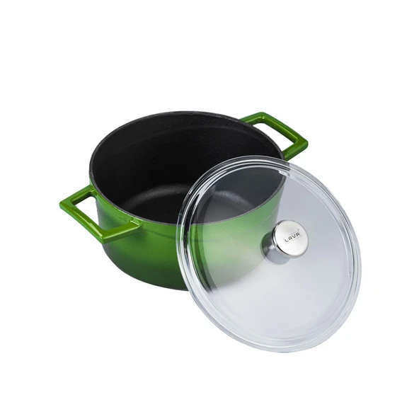 Lava Döküm Yuvarlak Tencere Cam kapaklı. Glaze Çap(Ø)20cm.  Yeşil - 2