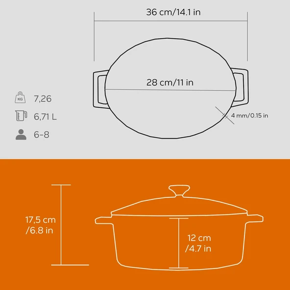 Lava Döküm Yuvarlak Tencere. Folk Çap(Ø)28cm.  Turuncu - 5
