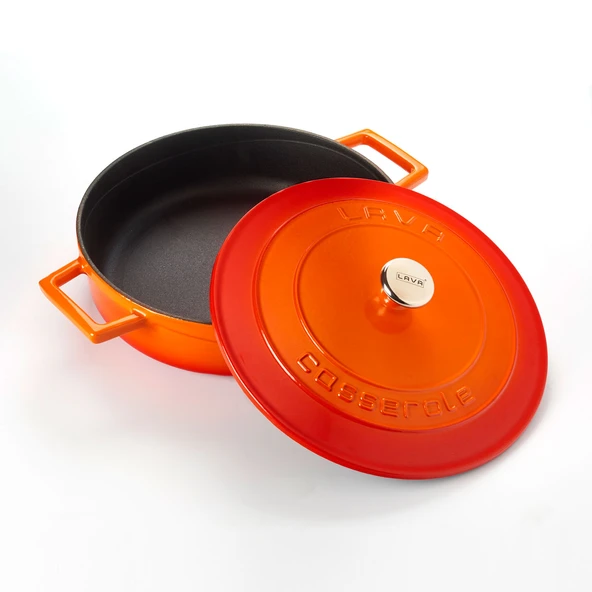 Lava Döküm Çok Amaçlı Yayvan Tencere. Folk Serisi Çap(Ø)24cm.  Turuncu - Resim 3
