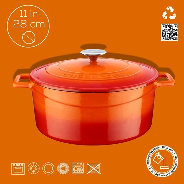 Lava Döküm Yuvarlak Tencere. Folk Çap(Ø)28cm.  Turuncu - 4