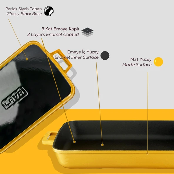 Lava Döküm Dikdörtgen Rosto ve Fırın Tepsisi Döküm Demir Yekpare Çift Kulplu Spring Serisi Ölçü 26x40cm. Sarı - 6