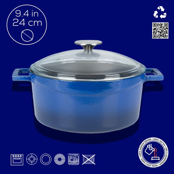 Lava Döküm Yuvarlak Tencere Cam kapaklı. Glaze Çap(Ø)24cm.  Mavi - Resim 4