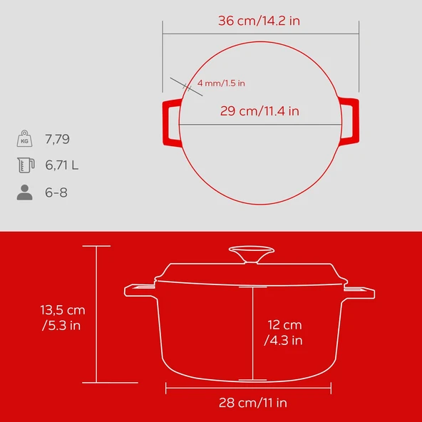 Lava Döküm Yuvarlak Tencere Döküm Demir Yekpare Kulplu Edition Serisi Çap(Ø)28cm.  Kırmızı - Resim 5