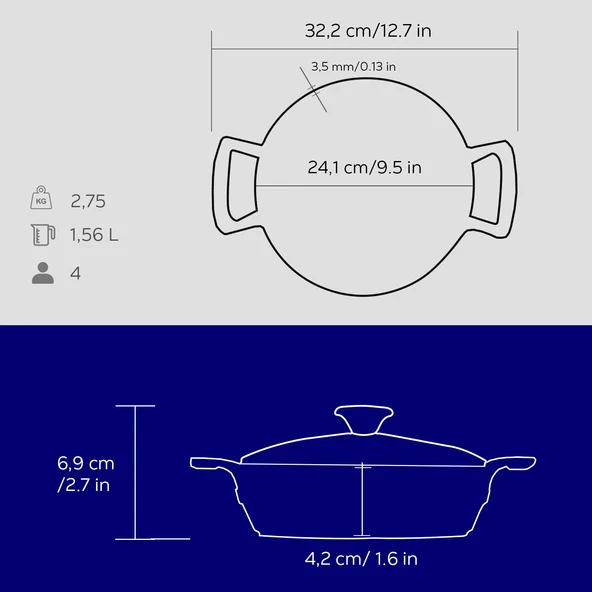 Lava Döküm Yuvarlak Sahan Cam Kapaklı Döküm Demir Yekpare Çift Kulplu Çap(Ø)24cm.  Mavi - Resim 5