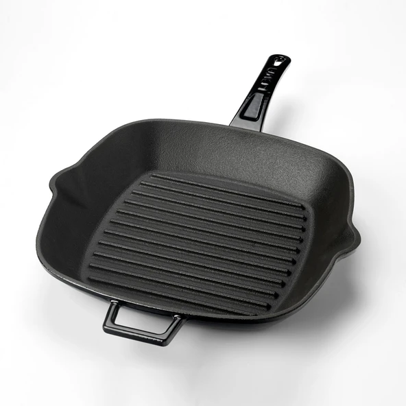 Lava Döküm Kare Izgara Tava Döküm Demir Yekpare Saplı Ölçü 26x26cm.  Siyah - Resim 2