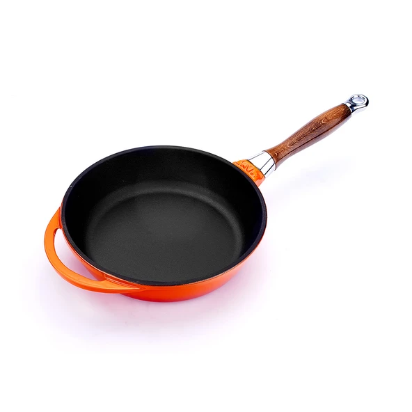 Lava Döküm Yuvarlak Kızartma Tavası Döküm Demir Sök - Tak Ahşap Sap Çap(Ø)24cm  Turuncu - Resim 2