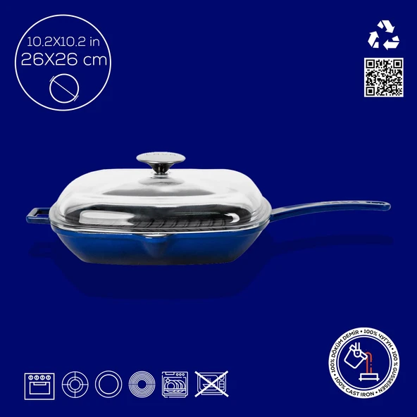 Lava Döküm Kare Izgara Tava Cam Kapaklı Döküm Demir Yekpare Saplı Ölçü 26x26cm.  Mavi - Resim 4