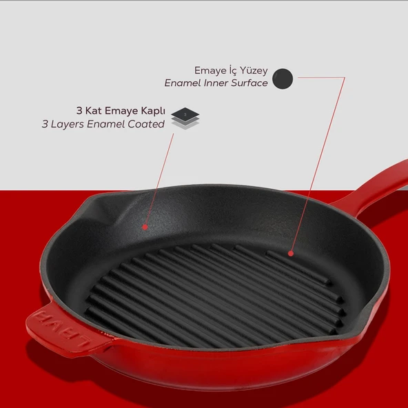 Lava Döküm Yuvarlak Izgara Tava Döküm Demir Yekpare Saplı Çap(Ø)28cm.  Kırmızı - Resim 6