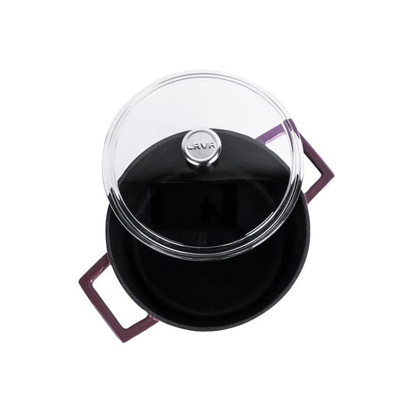 Lava Döküm Yuvarlak Tencere Cam kapaklı. Glaze Çap(Ø)20cm.  Mor - Resim 3