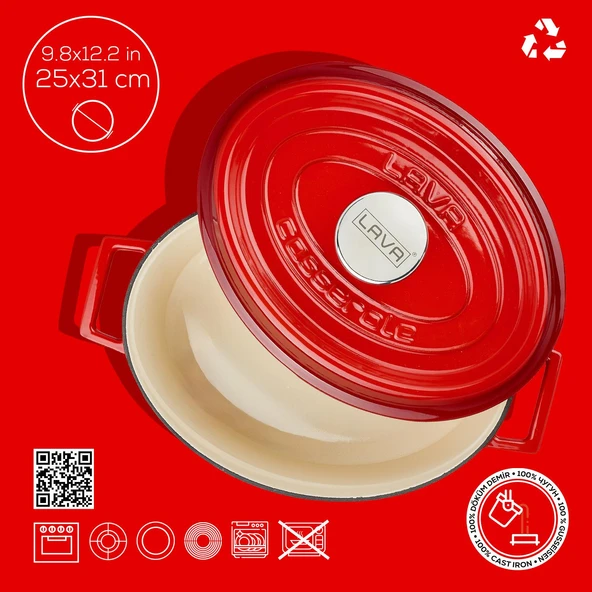 Lava Döküm Oval Tencere. Edition Serisi Ölçü 25x31cm.  Kırmızı - Resim 4