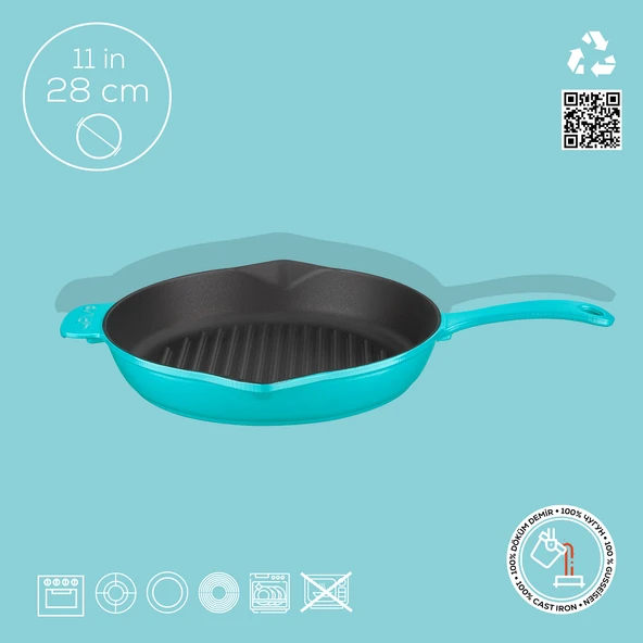 Lava Döküm Yuvarlak Izgara Tavası Döküm Demir Yekpare Saplı Spring Serisi Çap(Ø)28cm.  Turkuaz - 4