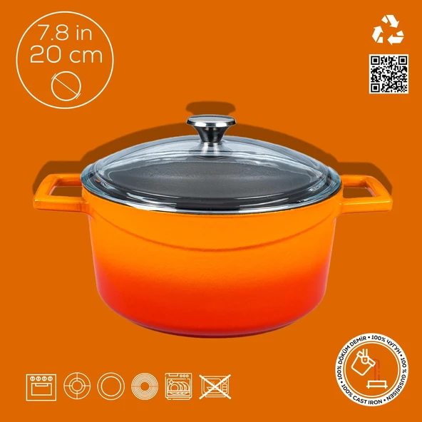 Lava Döküm Yuvarlak Tencere Cam kapaklı. Glaze Çap(Ø)20cm.  Turuncu - Resim 4