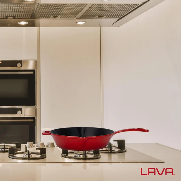 Lava Döküm Yuvarlak Kızartma Tavası Döküm Demir Yekpare Saplı. Çap(Ø)24cm.  Kırmızı - 7