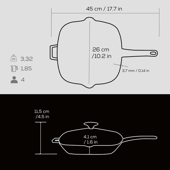 Lava Döküm Kare Izgara Tava Cam Kapaklı Döküm Demir Yekpare Saplı Ölçü 26x26cm.  Siyah - Resim 5