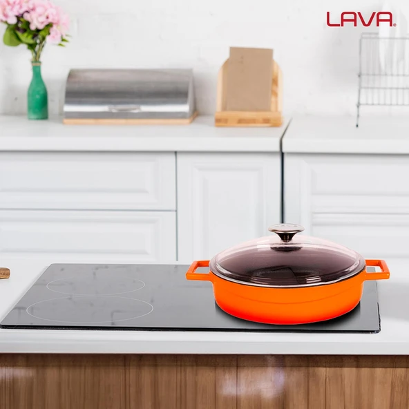 Lava Döküm Çok Amaçlı Yayvan Tencere. Glaze Serisi Çap(Ø)24cm. - Kırmızı  Turuncu - 7