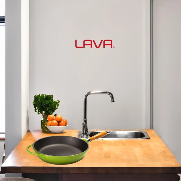 Lava Döküm Yuvarlak Kızartma Tavası Döküm Demir Sök - Tak Ahşap Sap Çap(Ø)28cm.  Yeşil - 6