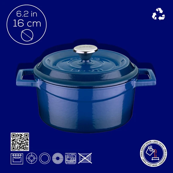 Lava Döküm Yuvarlak Tencere. Trendy Çap(Ø) 16cm.  Mavi - Resim 3