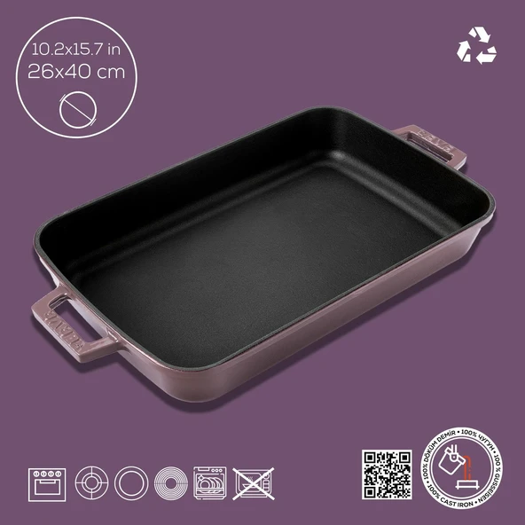 Lava Döküm Dikdörtgen Rosto ve Fırın Tepsisi Döküm Demir Yekpare Çift Kulplu Ölçü 26x40cm. Mor - 4