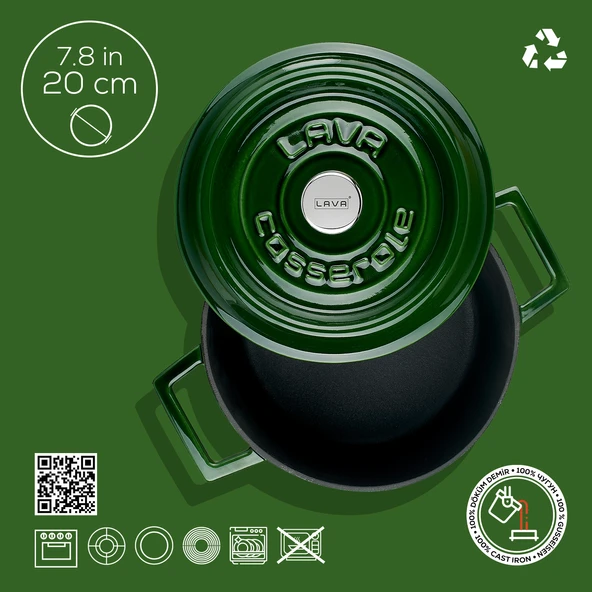 Lava Döküm Yuvarlak Tencere Döküm Demir Yekpare Kulplu Premium Serisi Çap(Ø)20cm.  Yeşil - Resim 4
