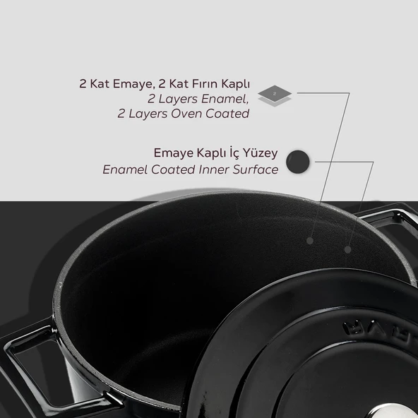Lava Döküm Yuvarlak Tencere. Folk Çap(Ø)20cm.  Siyah - Resim 6