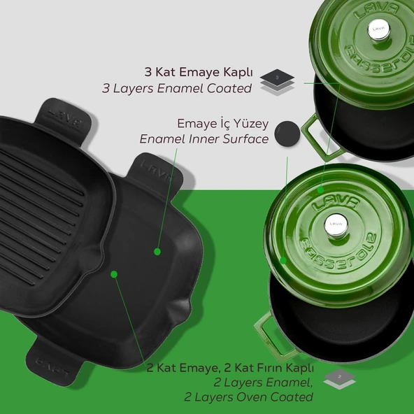 Lava Döküm 5X Trendy Serisi Döküm Demir Tencere Tava Çeyiz Seti  Yeşil - Resim 4