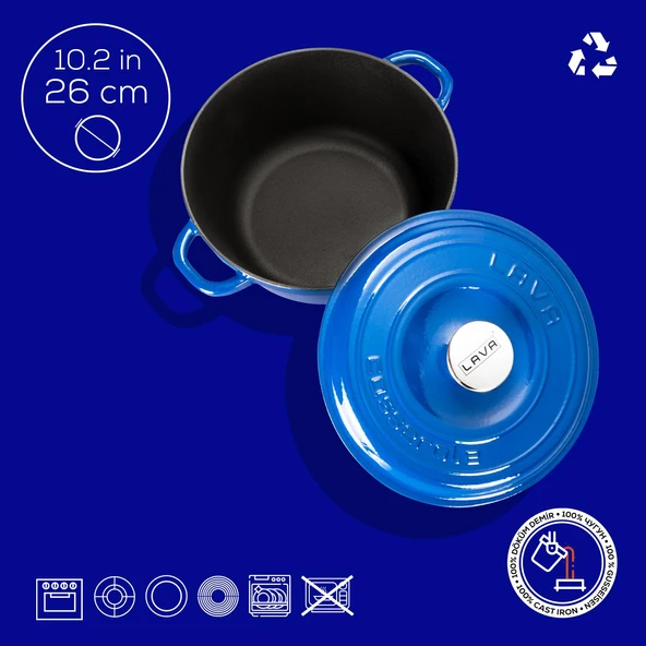 Lava Döküm Yuvarlak Tencere Döküm Demir Kapak New Heritage Serisi Çap(Ø)26cm.  Mavi - Resim 4