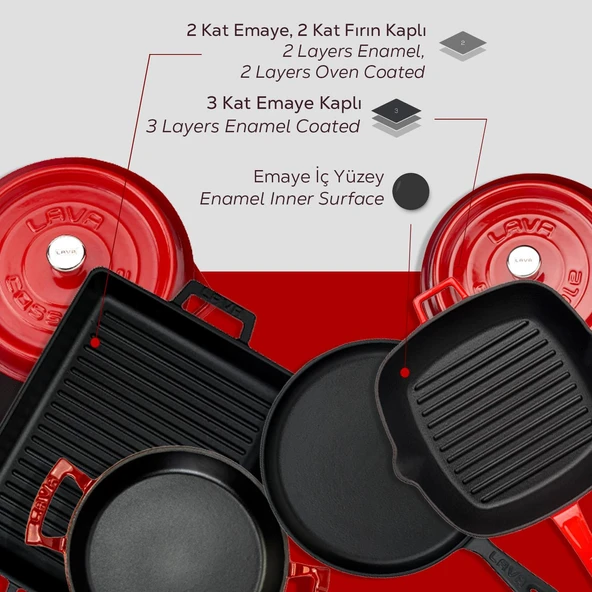 Lava Döküm 5x Trendy Serisi 8 Parça Tencere & Tava Seti  Kırmızı - Resim 7