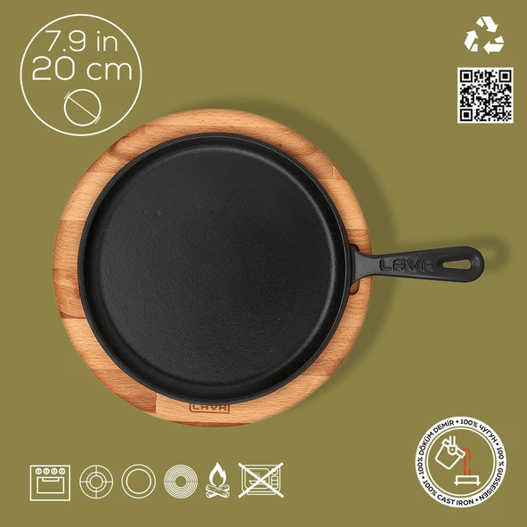 Lava Döküm Yuvarlak Pizza Krep Pankek Tavası Döküm Demir Yekpare Saplı Kayın Servis Ahşabı Çap(Ø)20cm. - Resim 4