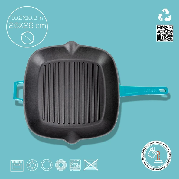 Lava Döküm Kare Izgara Tava Döküm Demir Yekpare Saplı Ölçü 26x26cm.  Turkuaz - Resim 4