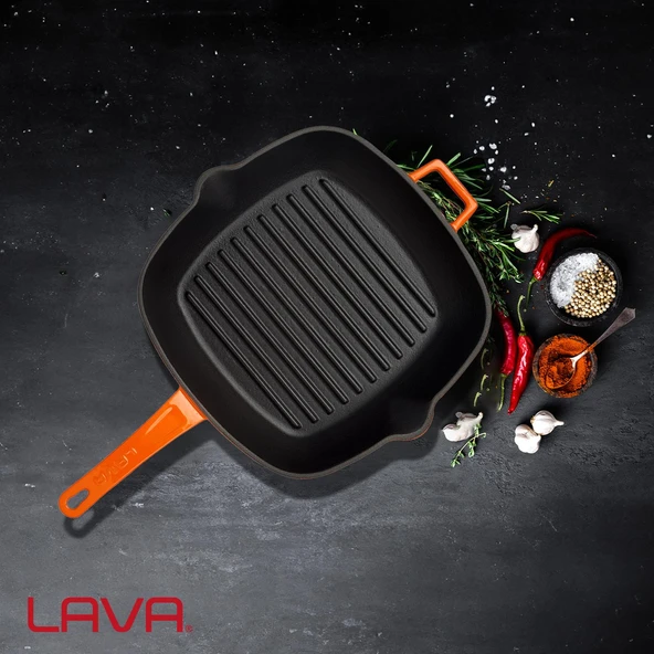 Lava Döküm Kare Izgara Tava Döküm Demir Yekpare Saplı Ölçü 26x26cm.  Turuncu - Resim 7