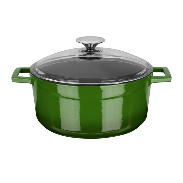 Lava Döküm Yuvarlak Tencere Cam kapaklı. Glaze Çap(Ø)24cm.  Yeşil ürün görseli 1