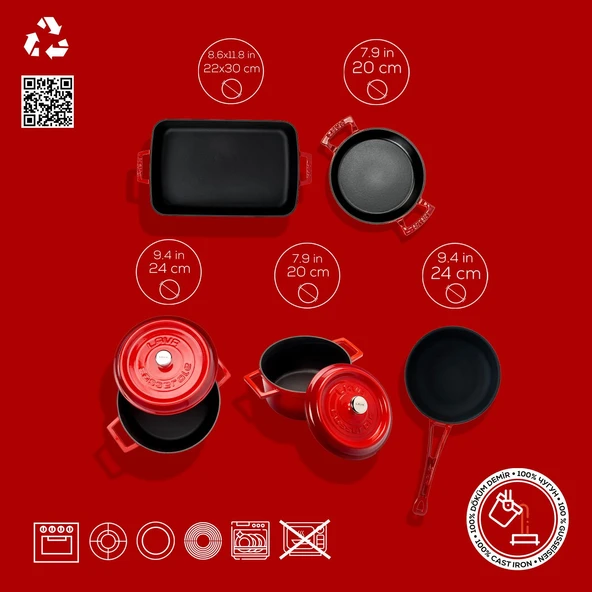 Lava Döküm 5x Trendy Serisi 8 Parça Tencere & Tava Seti  Kırmızı - Resim 3