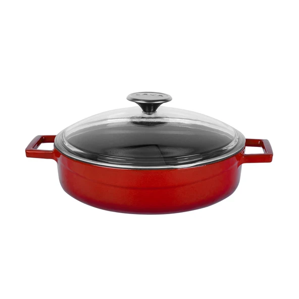 Lava Döküm Çok Amaçlı Yayvan Tencere. Glaze Serisi Çap(Ø)24cm. - Kırmızı  Kırmızı