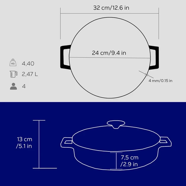 Lava Döküm Çok Amaçlı Yayvan Tencere. Folk Serisi Çap(Ø)24cm.  Mavi - Resim 5