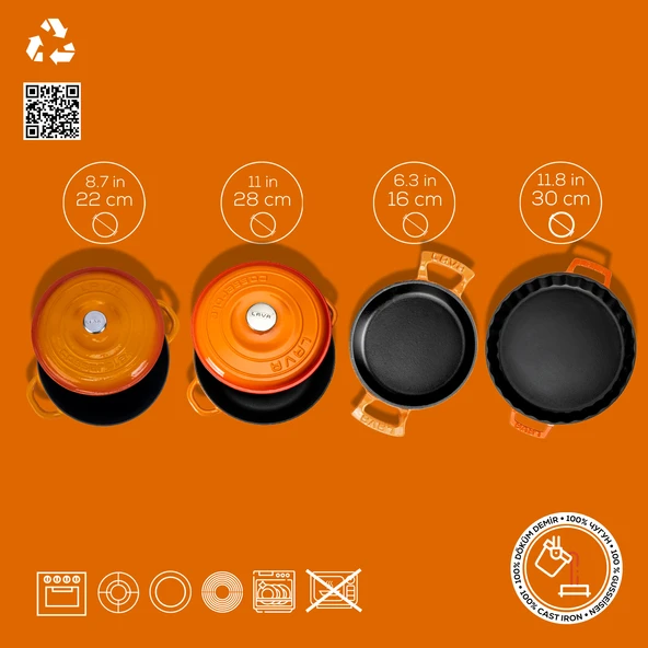Lava Döküm 4X New Heritage Serisi Döküm Demir Tencere Tava Seti  Turuncu - Resim 3