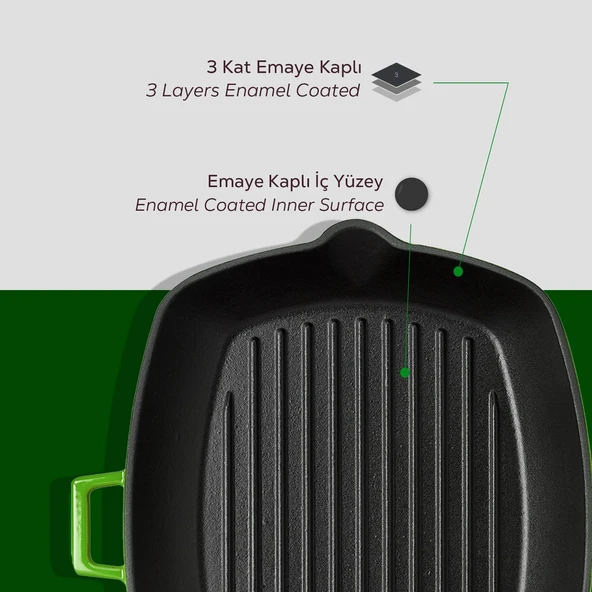 Lava Döküm Dikdörtgen Izgara Tava Döküm Demir Yekpare Saplı Ölçü 26x32cm.  Yeşil - Resim 6