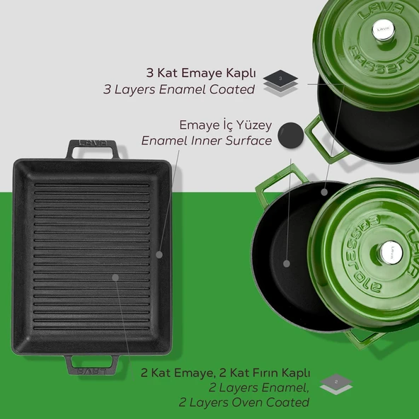 Lava Döküm 6X Trendy Serisi Döküm Demir Tencere Tava Çeyiz Seti  Yeşil - Resim 7