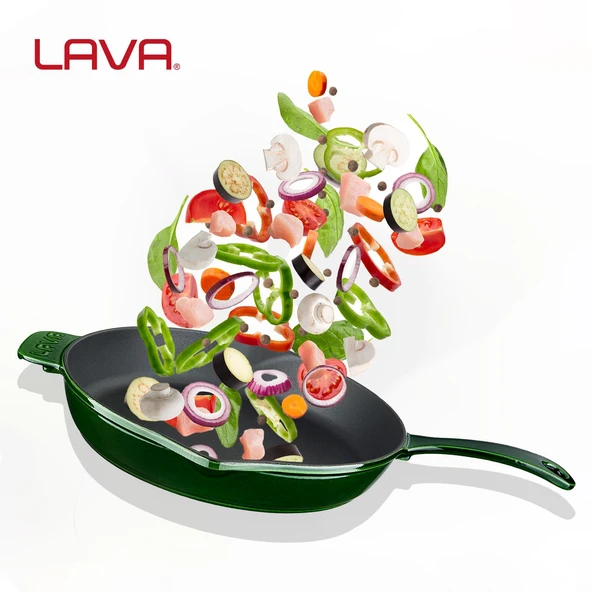 Lava Döküm Yuvarlak Kızartma Tavası Döküm Demir Yekpare Saplı Premium Serisi. Çap(Ø)28cm.  Yeşil - 7