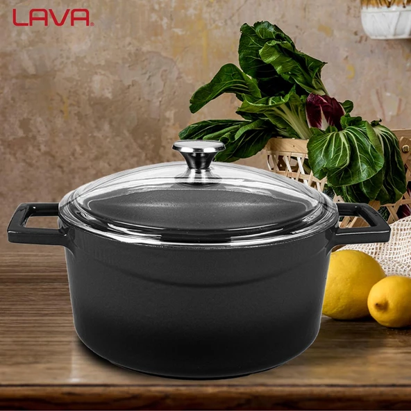 Lava Döküm Yuvarlak Tencere Cam kapaklı. Glaze Çap(Ø)20cm.  Siyah - 7