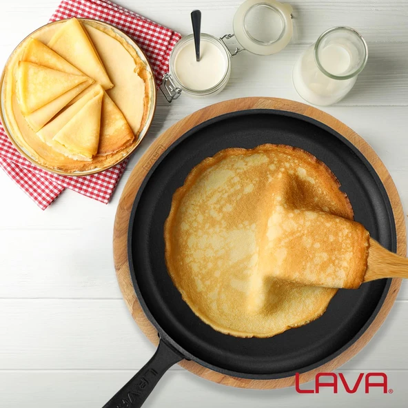 Lava Döküm Yuvarlak Pizza Krep Pankek Tavası Döküm Demir Yekpare Saplı Kayın Servis Ahşabı Çap(Ø)26cm. - Resim 7