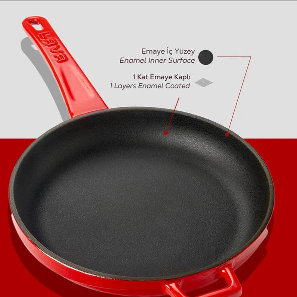 Lava Döküm Yuvarlak Kızartma Tavası Döküm Demir Yekpare Saplı  Çap(Ø)20cm.  Kırmızı - Resim 6
