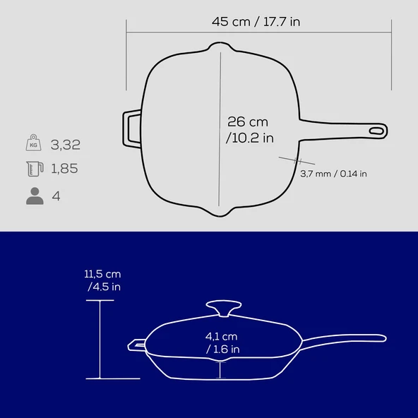 Lava Döküm Kare Izgara Tava Cam Kapaklı Döküm Demir Yekpare Saplı Ölçü 26x26cm.  Mavi - Resim 5
