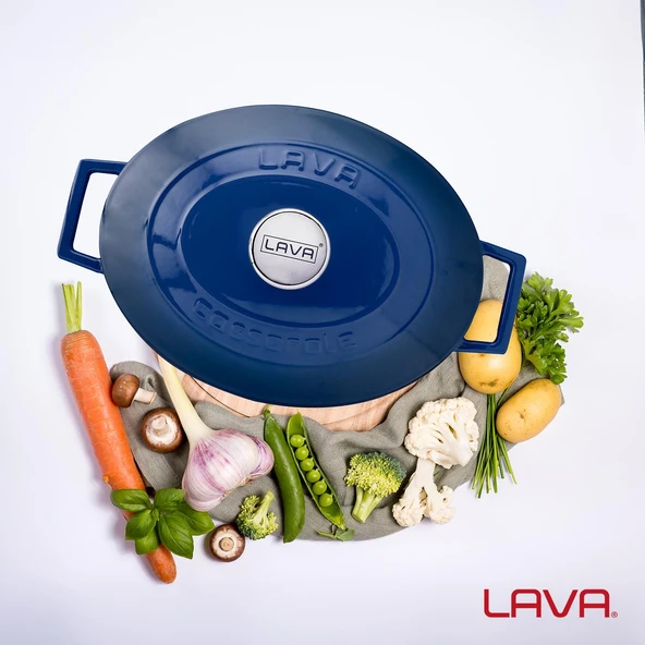 Lava Döküm Oval Tencere. Folk Serisi Ölçü 23x29cm.  Mavi - Resim 7