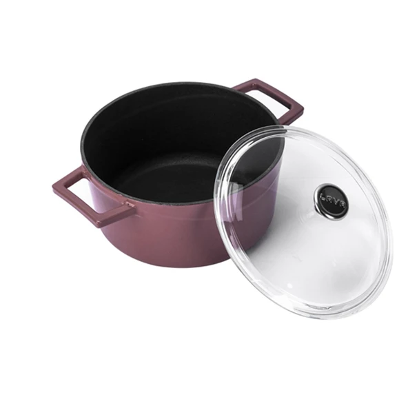 Lava Döküm Yuvarlak Tencere Cam kapaklı. Glaze Çap(Ø)24cm.  Mor - 2