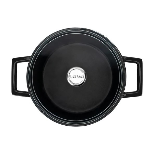 Lava Döküm Yuvarlak Tencere Cam kapaklı. Glaze Çap(Ø)20cm.  Siyah - Resim 3